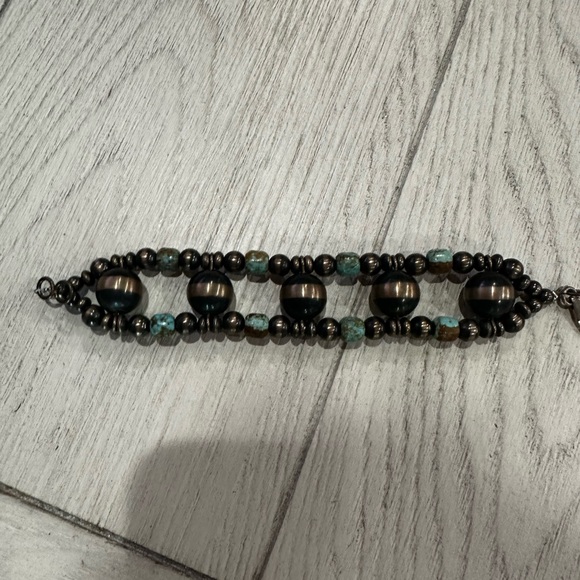 Native Turquoise and Gunmetal Double-Row Beaded Bracelet